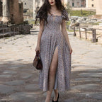 Floral Print Puff Sleeve Square Neck Tie Front Corset High Slit Maxi Dress
