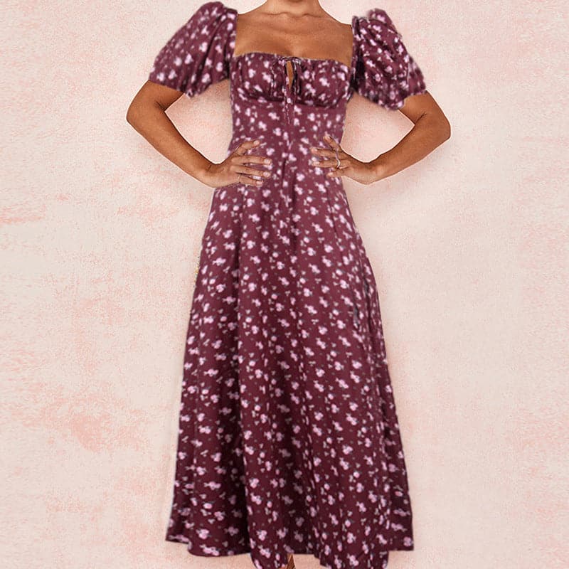 Floral Print Puff Sleeve Square Neck Tie Front Corset High Slit Maxi Dress