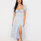 Floral Print Puff Sleeve Square Neck Tie Front Corset High Slit Maxi Dress