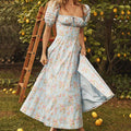 Floral Print Puff Sleeve Square Neck Tie Front Corset High Slit Maxi Dress
