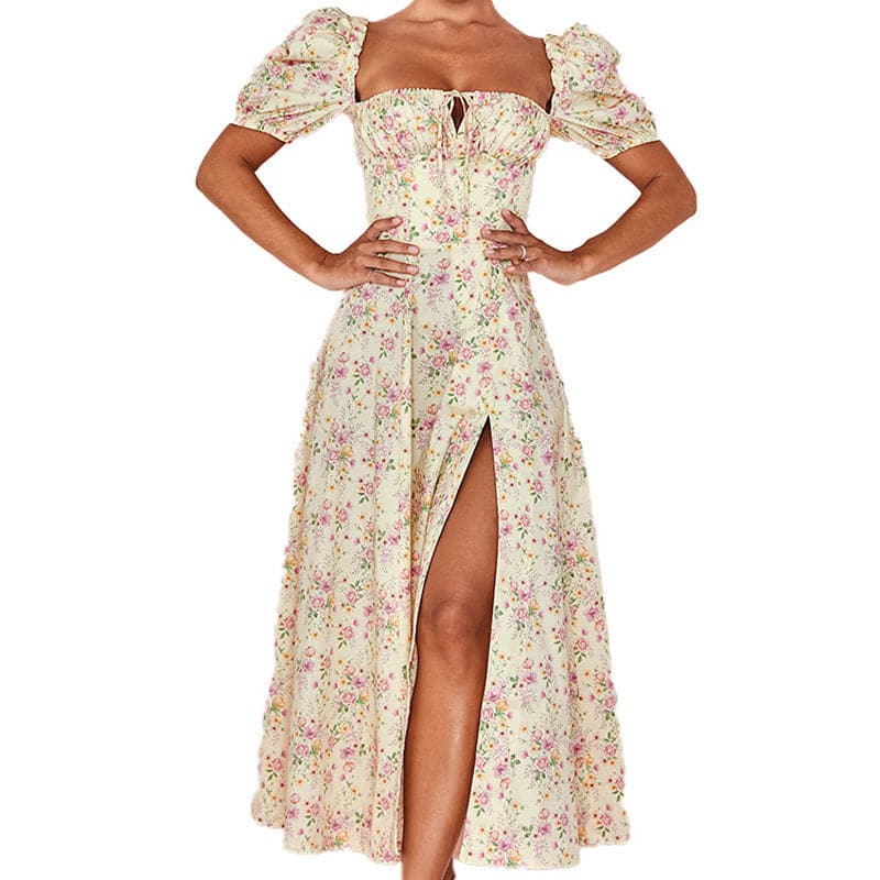 Floral Print Puff Sleeve Square Neck Tie Front Corset High Slit Maxi Dress
