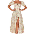 Floral Print Puff Sleeve Square Neck Tie Front Corset High Slit Maxi Dress