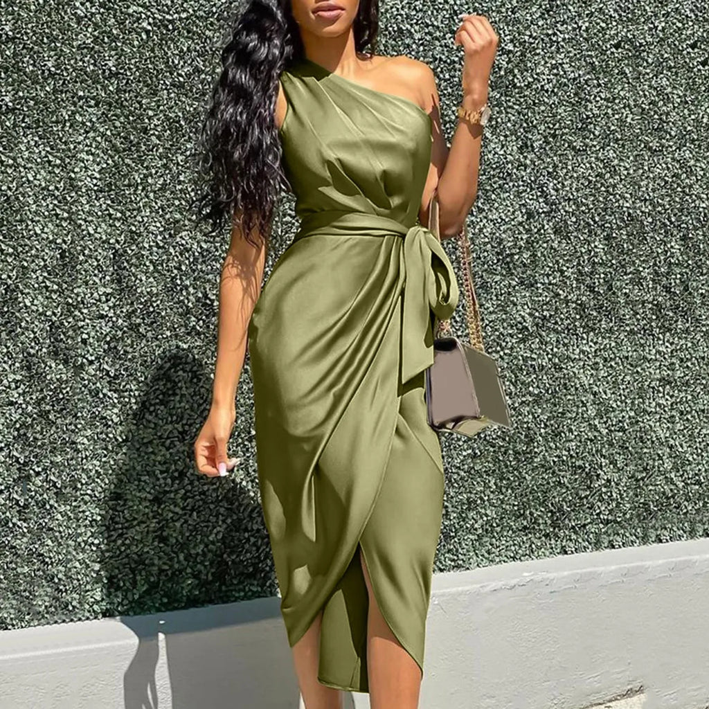 One Shoulder Ruched Wrap Tie Waist Tulip Hem Midi Dress