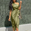 One Shoulder Ruched Wrap Tie Waist Tulip Hem Midi Dress