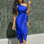 One Shoulder Ruched Wrap Tie Waist Tulip Hem Midi Dress