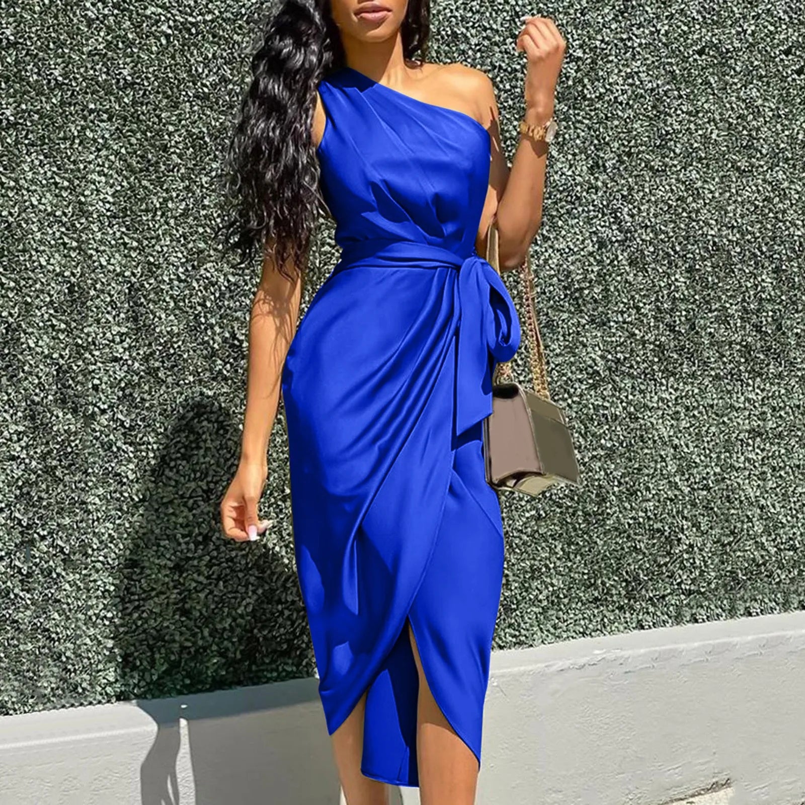 One Shoulder Ruched Wrap Tie Waist Tulip Hem Midi Dress