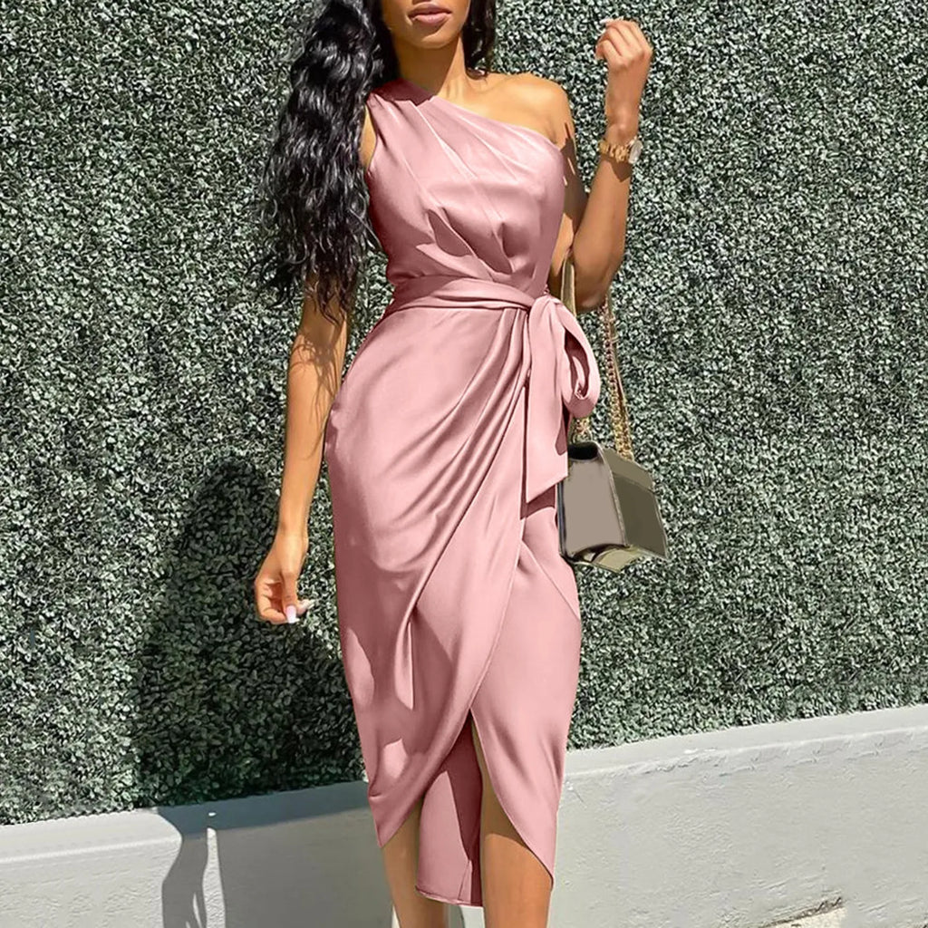 One Shoulder Ruched Wrap Tie Waist Tulip Hem Midi Dress
