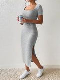 Rib Knit Square Neck Short Sleeve Side Slit Bodycon Midi Dress