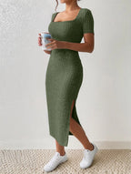 Rib Knit Square Neck Short Sleeve Side Slit Bodycon Midi Dress