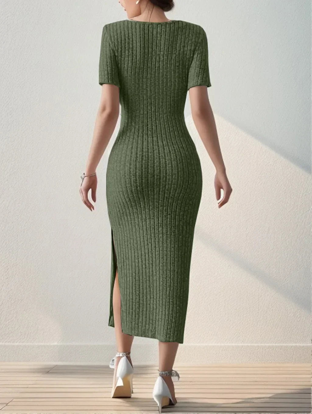 Rib Knit Square Neck Short Sleeve Side Slit Bodycon Midi Dress