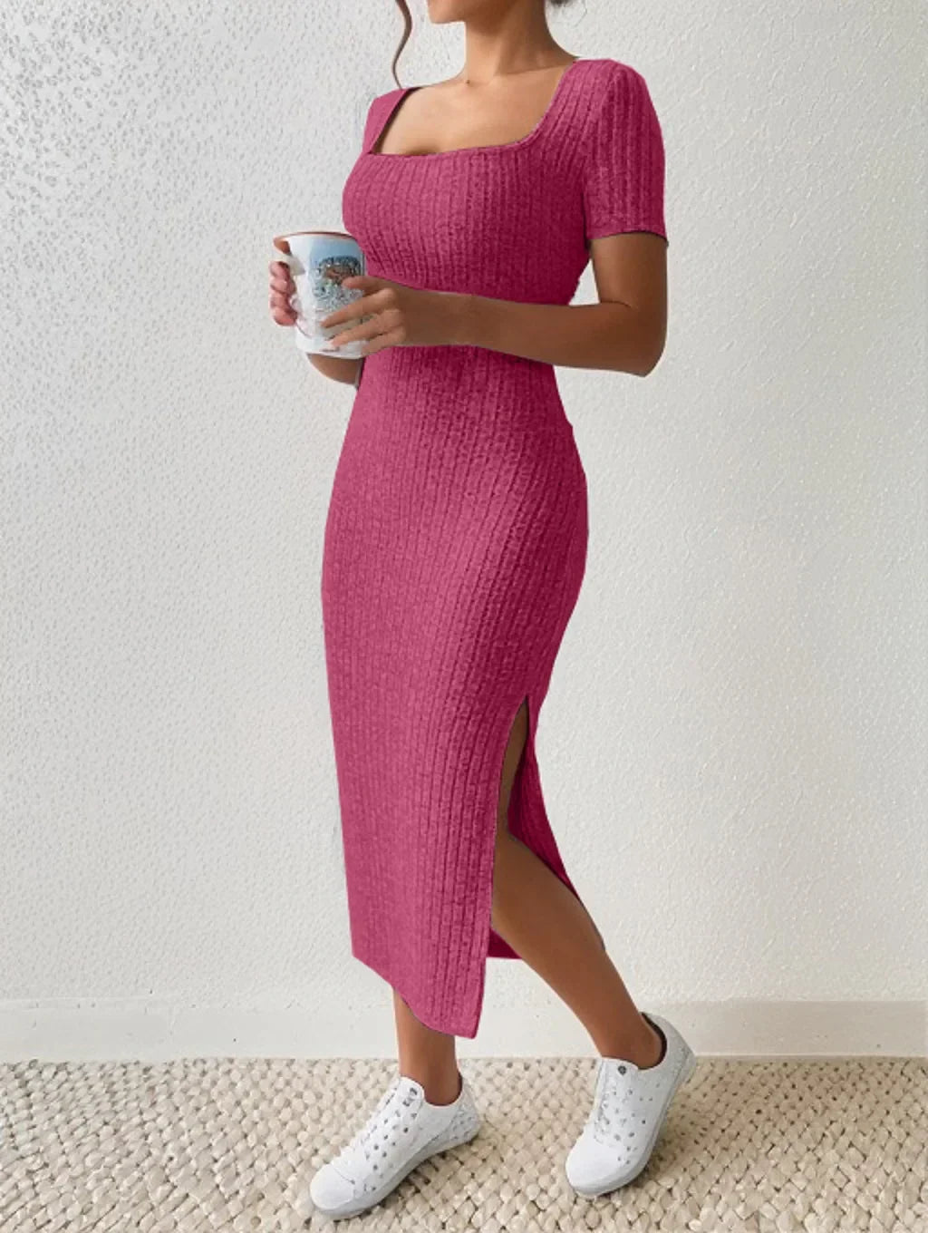 Rib Knit Square Neck Short Sleeve Side Slit Bodycon Midi Dress