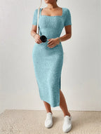 Rib Knit Square Neck Short Sleeve Side Slit Bodycon Midi Dress