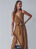 Polka Dot Wrap V-Neck Spaghetti Strap High Split Maxi Dress