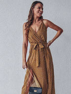 Polka Dot Wrap V-Neck Spaghetti Strap High Split Maxi Dress