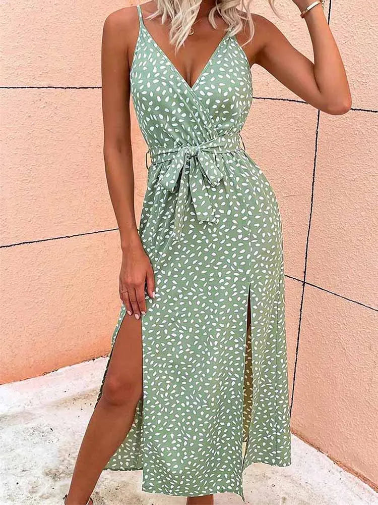 Polka Dot Deep V Wrap Tie Waist Thigh Slit Maxi Dress