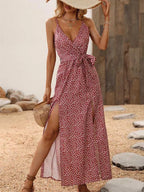 Polka Dot Wrap V-Neck Spaghetti Strap High Split Maxi Dress