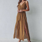 Ditsy Print Wrap V-Neck Tie Waist High Slit Maxi Dress
