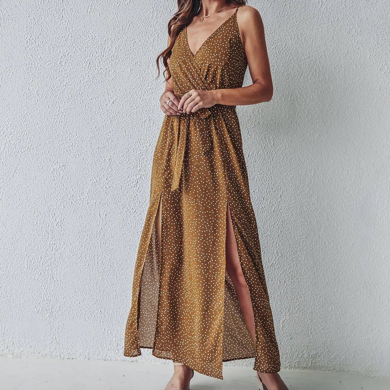 Ditsy Print Wrap V-Neck Tie Waist High Slit Maxi Dress