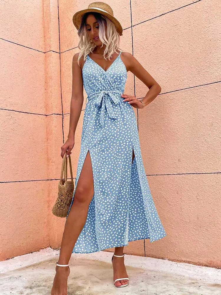Polka Dot Deep V Wrap Tie Waist Thigh Slit Maxi Dress