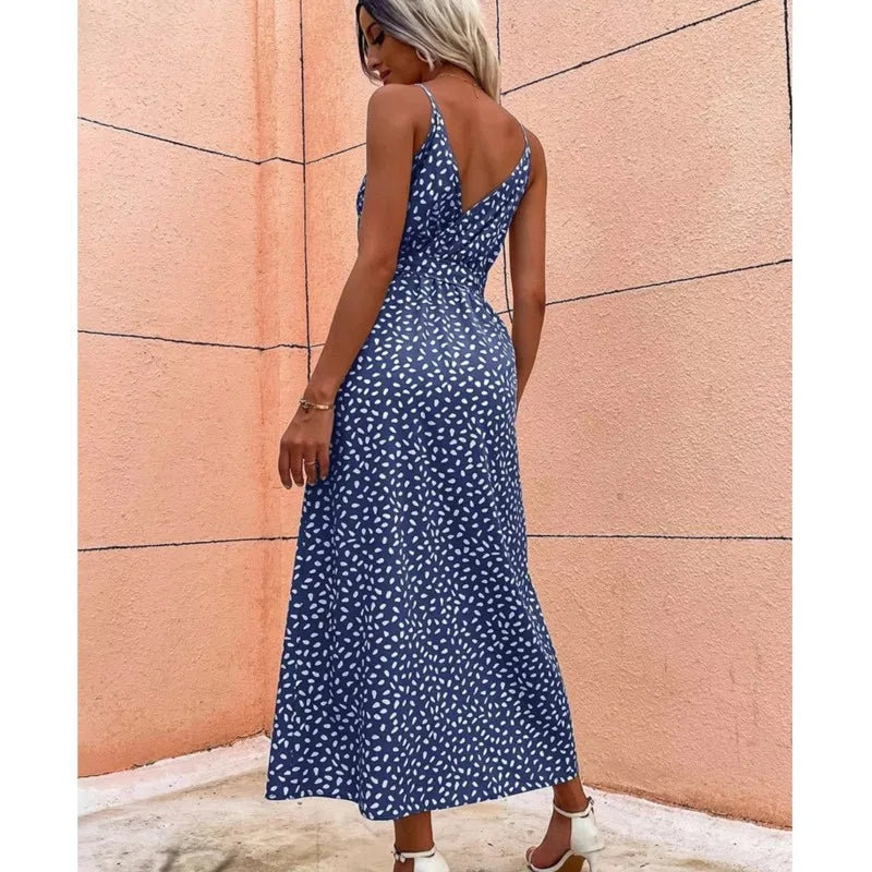 Ditsy Print Wrap V-Neck Tie Waist High Slit Maxi Dress