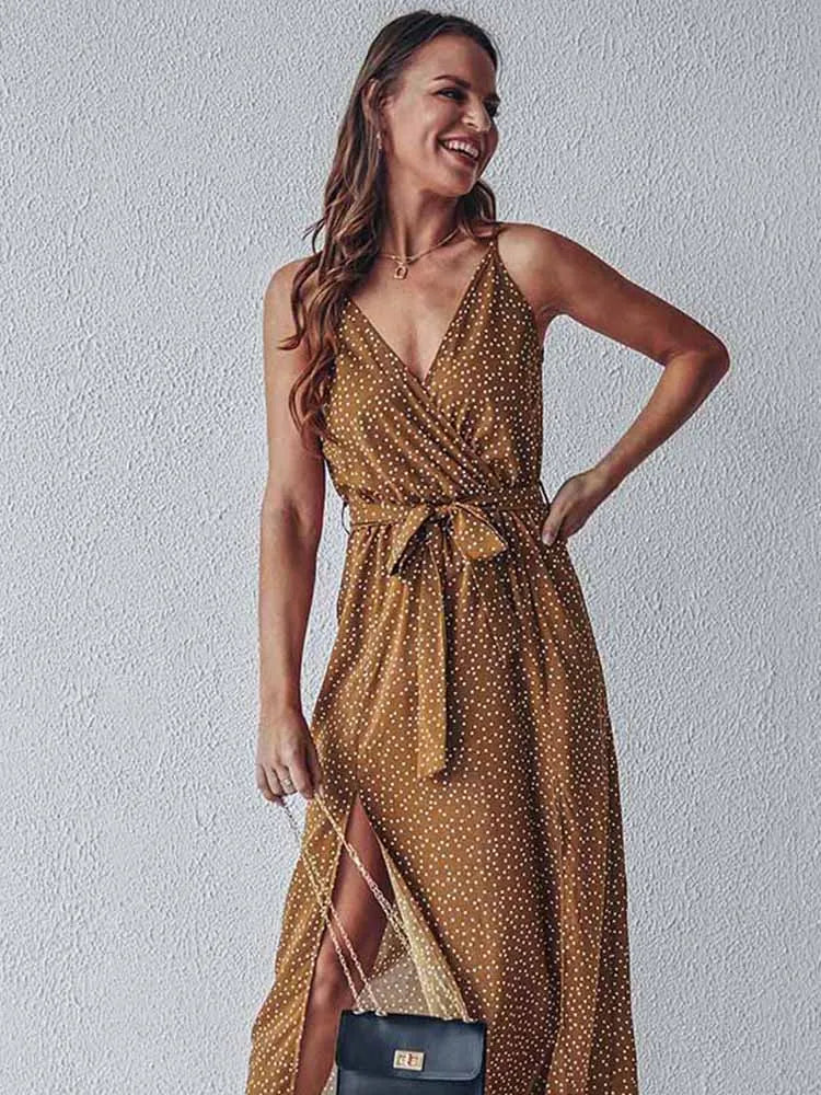Polka Dot Deep V Wrap Tie Waist Thigh Slit Maxi Dress