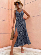 Polka Dot Wrap V-Neck Spaghetti Strap High Split Maxi Dress