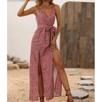 Speckled Print Spaghetti Strap Wrap Tie-Waist Side Slit Midi Dress