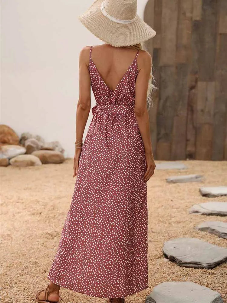 Polka Dot Deep V Wrap Tie Waist Thigh Slit Maxi Dress