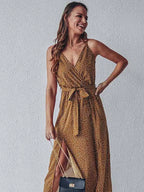Polka Dot Deep V Wrap Tie Waist Thigh Slit Maxi Dress