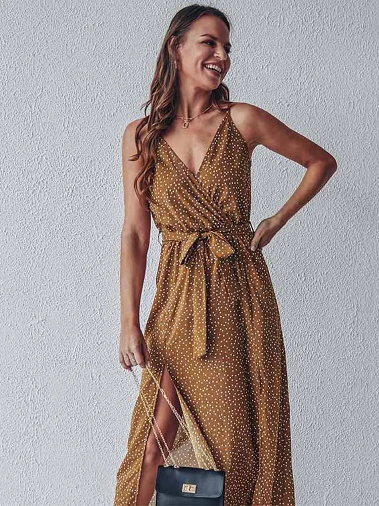 Polka Dot Deep V Wrap Tie Waist Thigh Slit Maxi Dress