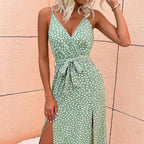 Speckled Print Spaghetti Strap Wrap Tie-Waist Side Slit Midi Dress