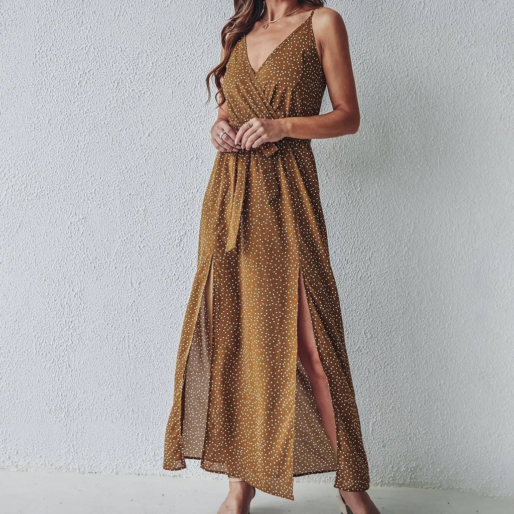 Speckled Print Spaghetti Strap Wrap Tie-Waist Side Slit Midi Dress