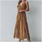 Speckled Print Spaghetti Strap Wrap Tie-Waist Side Slit Midi Dress