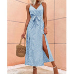 Speckled Print Spaghetti Strap Wrap Tie-Waist Side Slit Midi Dress