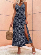 Polka Dot Deep V Wrap Tie Waist Thigh Slit Maxi Dress