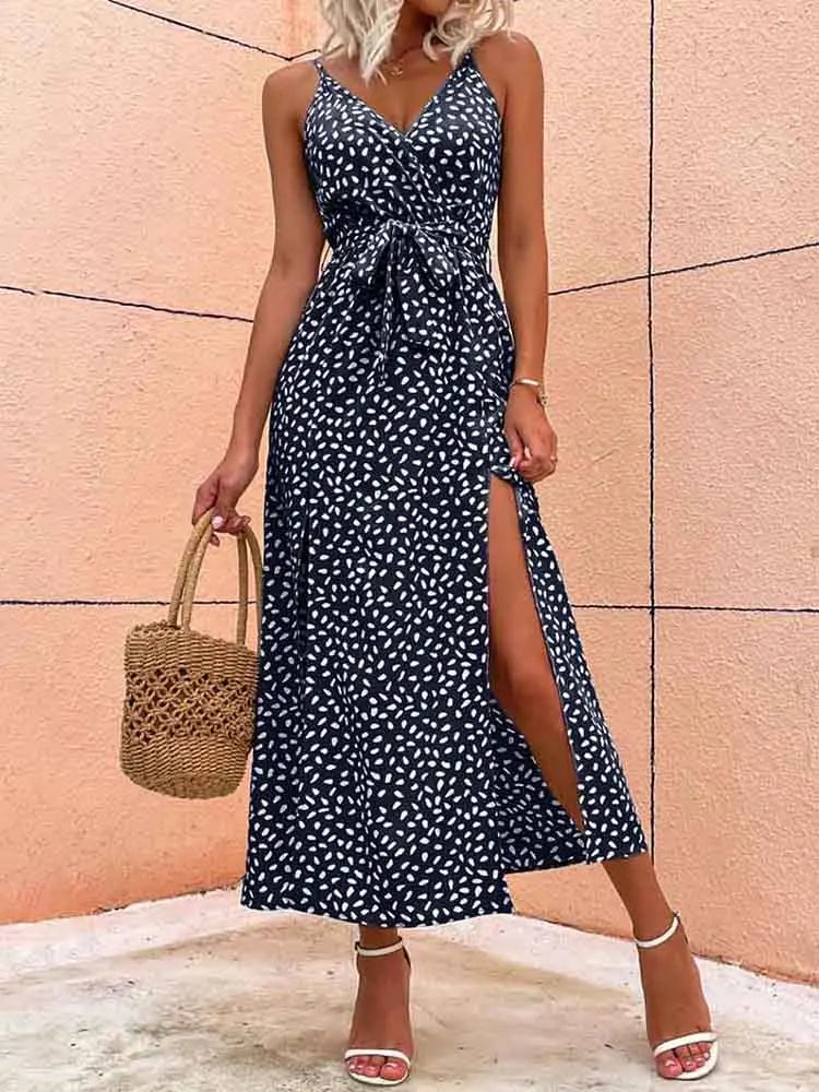 Polka Dot Deep V Wrap Tie Waist Thigh Slit Maxi Dress