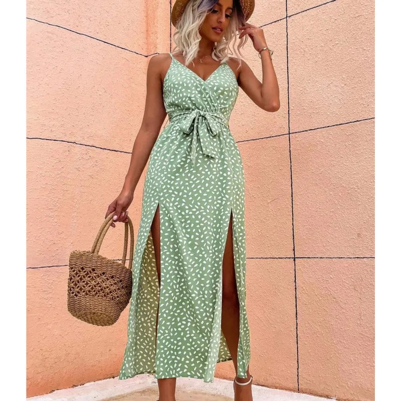 Speckled Print Spaghetti Strap Wrap Tie-Waist Side Slit Midi Dress