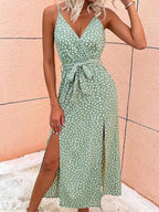 Polka Dot Deep V Wrap Tie Waist Thigh Slit Maxi Dress
