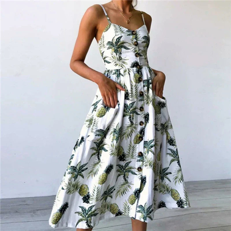Sunflower Print Spaghetti Strap Button Front Pocket Midi Dress