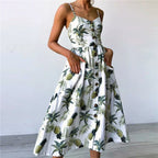 Sunflower Print Spaghetti Strap Button Front Pocket Midi Dress