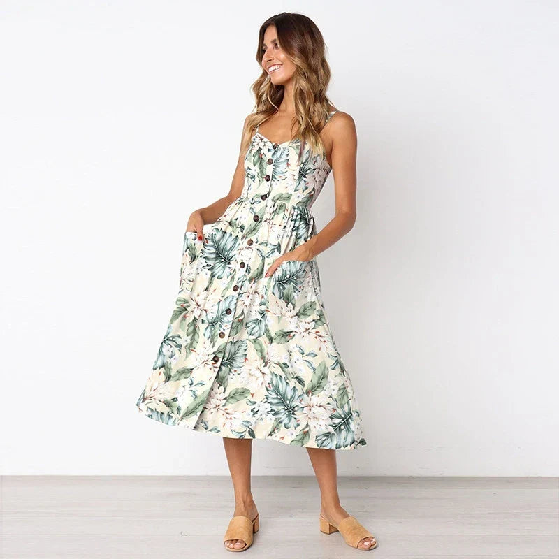 Sunflower Print Spaghetti Strap Button Front Pocket Midi Dress