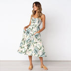 Sunflower Print Spaghetti Strap Button Front Pocket Midi Dress
