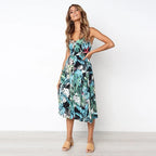 Sunflower Print Spaghetti Strap Button Front Pocket Midi Dress