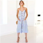Sunflower Print Spaghetti Strap Button Front Pocket Midi Dress