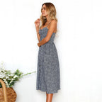 Sunflower Print Spaghetti Strap Button Front Pocket Midi Dress