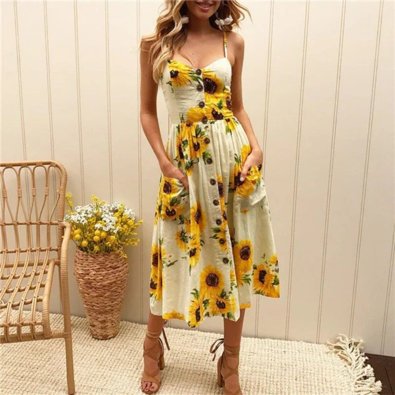 Sunflower Print Spaghetti Strap Button Front Pocket Midi Dress