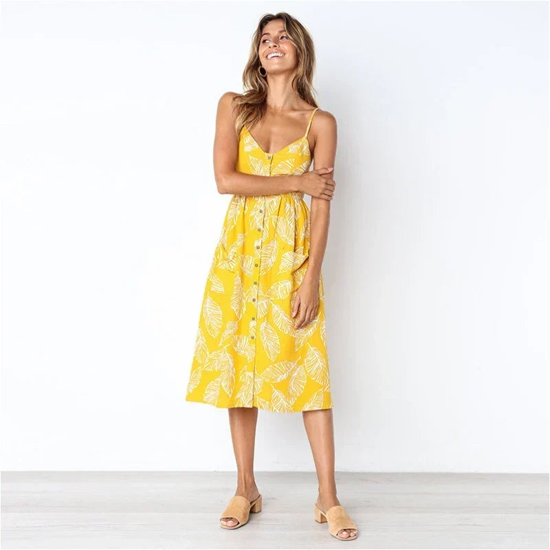 Sweetheart Neck Spaghetti Strap Sunflower Print Button-Front Pocket Midi Dress