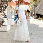 Off Shoulder Lace Flounce Scalloped Tiered Maxi Dress