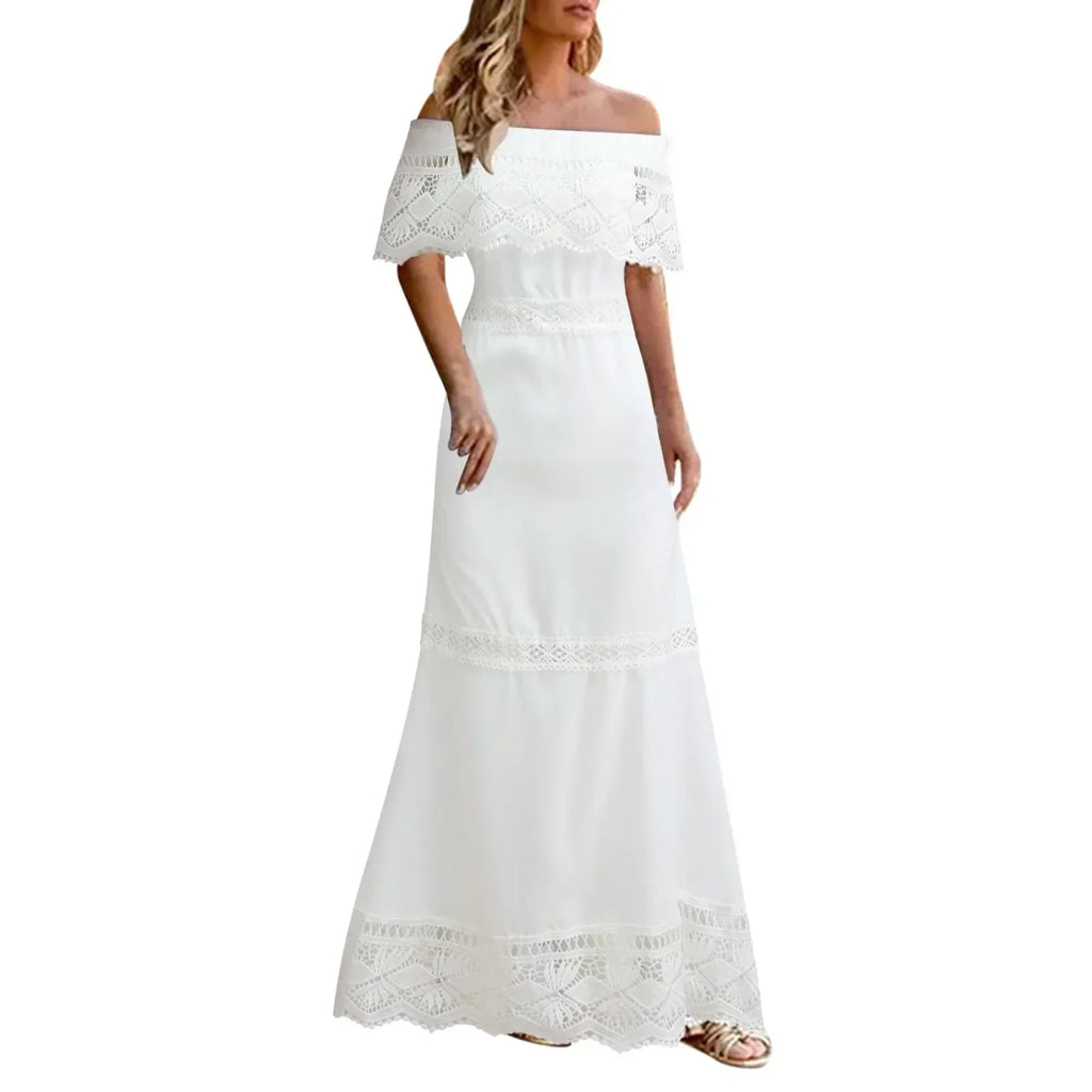 Off Shoulder Lace Flounce Scalloped Tiered Maxi Dress