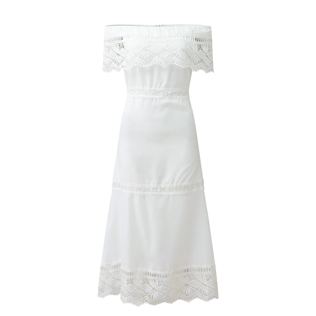Off Shoulder Lace Flounce Scalloped Tiered Maxi Dress